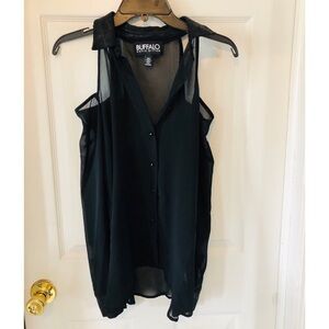 BUFFALO DAVID BITTON black sheer mesh cold shoulder collar shirt Size XS